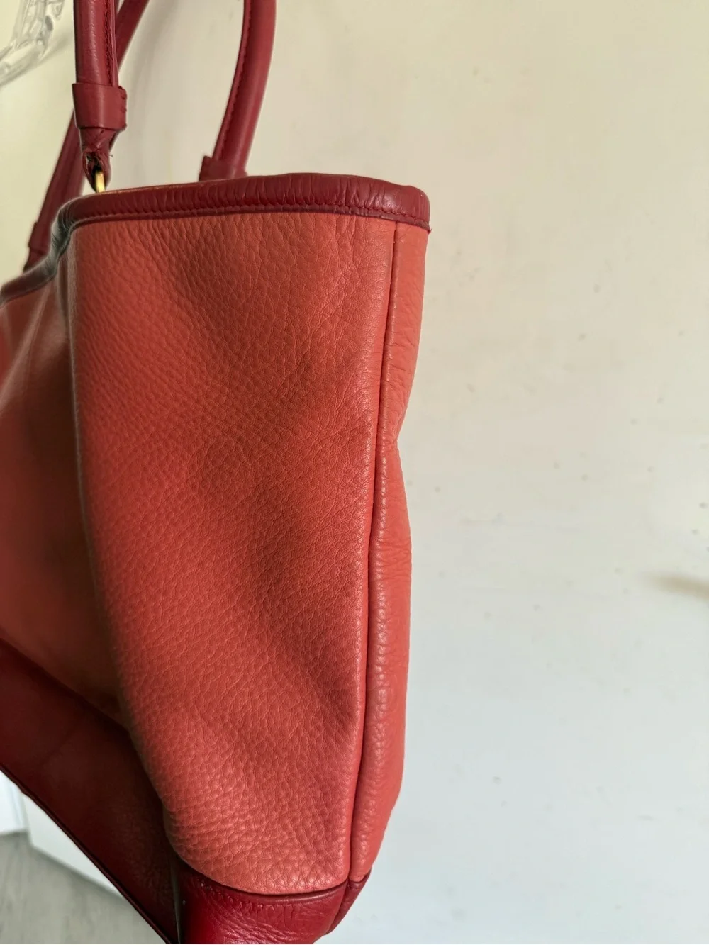 Tory Burch Two-Tone Pebbled Red Leather Tote with Logo Medallion